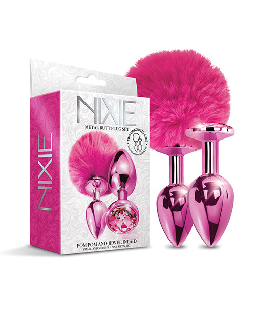 Nixie Nixie Metal Butt Plug Set w/Jewel Inlaid &amp; Pom Pom - Pink Metallic - Image 2