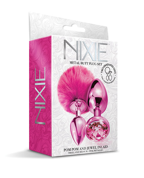 Nixie Nixie Metal Butt Plug Set w/Jewel Inlaid &amp; Pom Pom - Pink Metallic