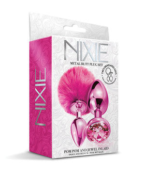 Nixie Nixie Metal Butt Plug Set w/Jewel Inlaid &amp; Pom Pom - Pink Metallic