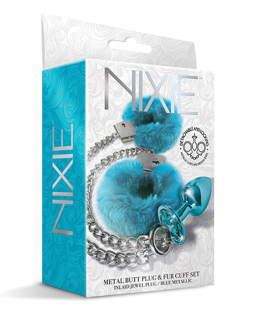 Nixie Nixie Metal Butt Plug w/Inlaid Jewel &amp; Fur Cuff Set - Blue Metallic