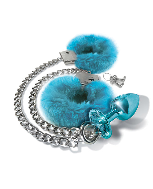 Nixie Nixie Metal Butt Plug w/Inlaid Jewel &amp; Fur Cuff Set - Blue Metallic - Image 2