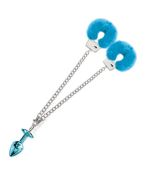 Nixie Nixie Metal Butt Plug w/Inlaid Jewel &amp; Fur Cuff Set - Blue Metallic - Image 4