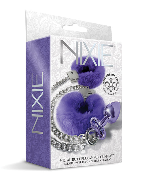 Nixie Nixie Metal Butt Plug w/Inlaid Jewel &amp; Fur Cuff Set - Purple Metallic