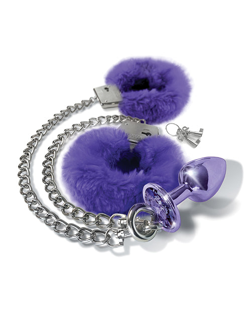 Nixie Nixie Metal Butt Plug w/Inlaid Jewel &amp; Fur Cuff Set - Purple Metallic - Image 2