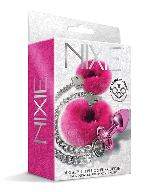 Nixie Nixie Metal Butt Plug w/Inlaid Jewel &amp; Fur Cuff Set - Pink Metallic