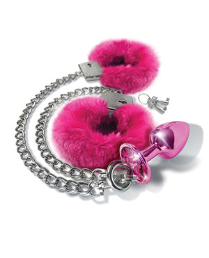 Nixie Nixie Metal Butt Plug w/Inlaid Jewel &amp; Fur Cuff Set - Pink Metallic - Image 2