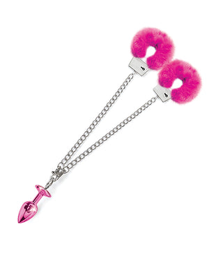 Nixie Nixie Metal Butt Plug w/Inlaid Jewel &amp; Fur Cuff Set - Pink Metallic - Image 4