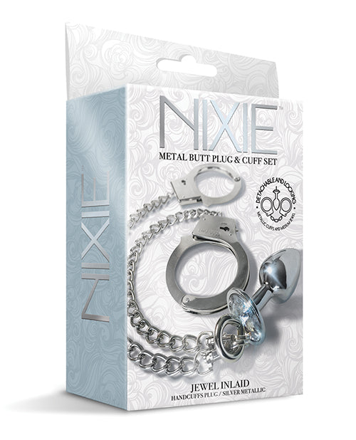 Nixie Nixie Metal Butt Plug w/Inlaid Jewel &amp; Fur Cuff Set - Silver Metallic