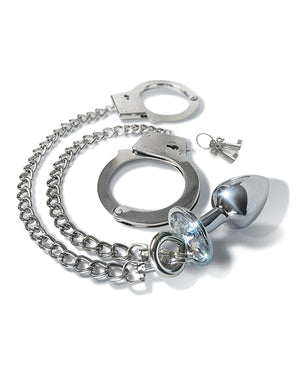 Nixie Nixie Metal Butt Plug w/Inlaid Jewel &amp; Fur Cuff Set - Silver Metallic - Image 2