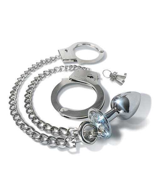 Nixie Nixie Metal Butt Plug w/Inlaid Jewel &amp; Fur Cuff Set - Silver Metallic - Image 2
