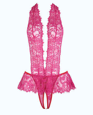 Jocelyn Lace Halter Teddy w/Open Crotch - Raspberry XL - Image 5