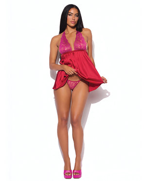 House of Desire Jocelyn Lace &amp; Satin Halter Mini Babydoll Dress w/Thong - Raspberry LG - Image 3