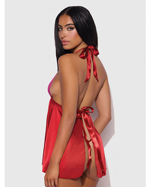 Jocelyn Lace & Satin Halter Mini Babydoll Dress w/Thong - Raspberry MD - Image 2