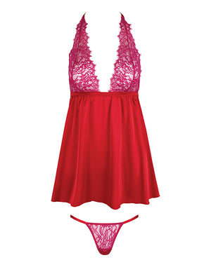 House of Desire Jocelyn Lace &amp; Satin Halter Mini Babydoll Dress w/Thong - Raspberry XL - Image 5