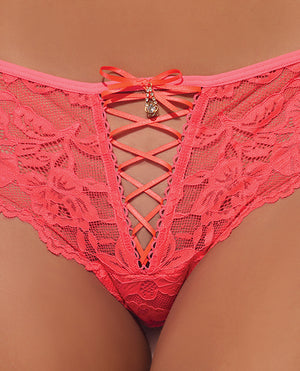 House of Desire Bella Lace Up Tanga Panty w/Jewel Detail - Coral LG - Image 3