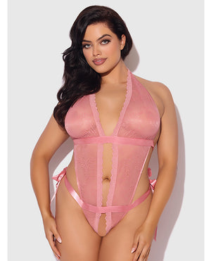 Kiki Lace & Satin Drop Off Teddy - Rose 1X/2X