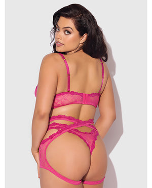 Yvone Lace Bra w/Removable Straps, Garter & Tanga Panty 3 pc Set - Pink 3X/4X - Image 4
