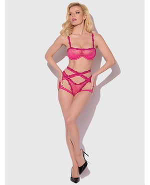 House of Desire Yvone Lace Bra w/Removable Straps, Garter &amp; Tanga Panty 3 pc Set - Pink LG - Image 5