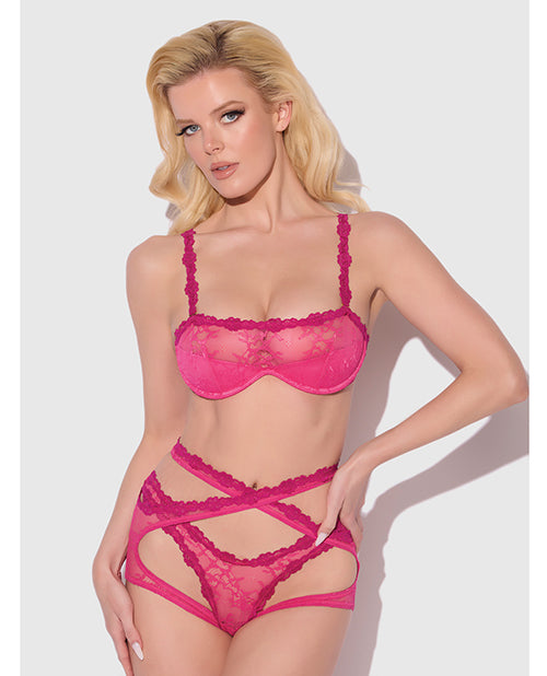 House of Desire Yvone Lace Bra w/Removable Straps, Garter &amp; Tanga Panty 3 pc Set - Pink SM