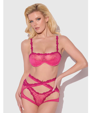 House of Desire Yvone Lace Bra w/Removable Straps, Garter &amp; Tanga Panty 3 pc Set - Pink SM