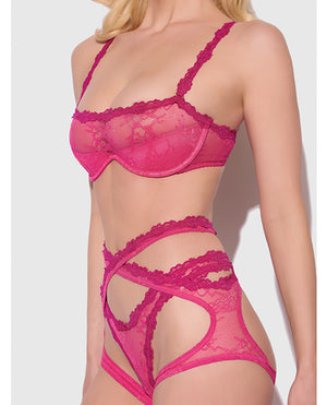 House of Desire Yvone Lace Bra w/Removable Straps, Garter &amp; Tanga Panty 3 pc Set - Pink SM - Image 2
