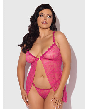 Yvone Lace Babydoll w/Front Closure & G-String 2 pc Set - Pink 1X/2X - Image 2