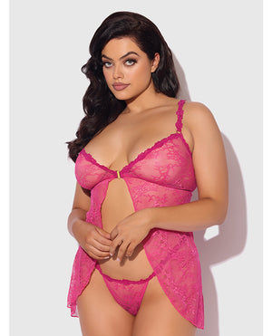 Yvone Lace Babydoll w/Front Closure & G-String 2 pc Set - Pink 1X/2X - Image 3