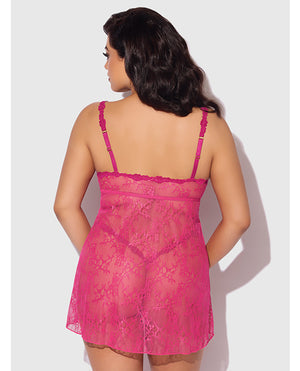 Yvone Lace Babydoll w/Front Closure & G-String 2 pc Set - Pink 3X/4X - Image 3