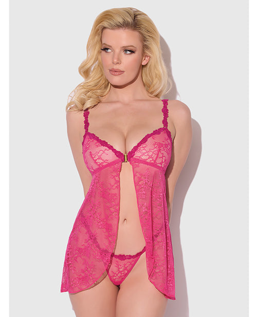 House of Desire Yvone Lace Babydoll w/Front Closure &amp; G-String 2 pc Set - Pink SM