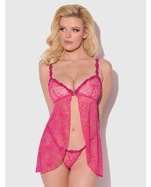 House of Desire Yvone Lace Babydoll w/Front Closure &amp; G-String 2 pc Set - Pink SM