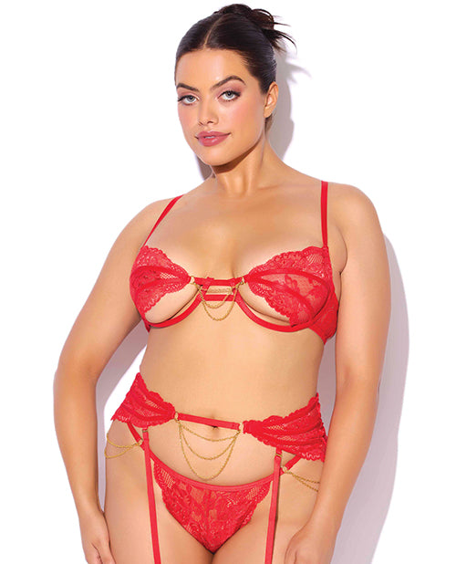 House of Desire Cecily Lace Cut-Out Bra &amp; Thong w/Garter Straps - Red 1X/2X