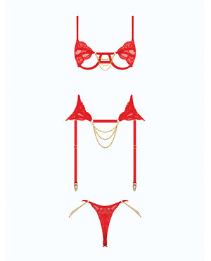 Cecily Lace Cut-Out Bra & Thong w/Garter Straps - Red MD - Image 5