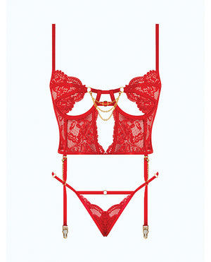 House of Desire Cecily Lace &amp; Mesh Bustier w/Thong &amp; Garter Straps - Red 3X/4X - Image 3