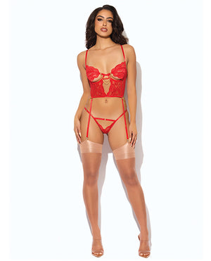House of Desire Cecily Lace &amp; Mesh Bustier w/Thong &amp; Garter Straps - Red MD - Image 3
