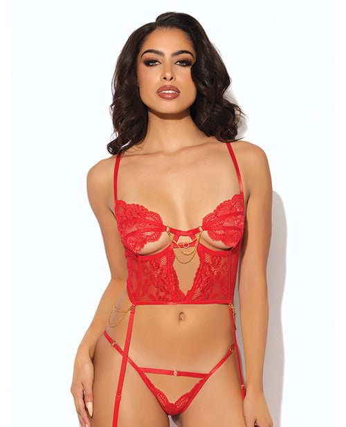 House of Desire Cecily Lace &amp; Mesh Bustier w/Thong &amp; Garter Straps - Red XL
