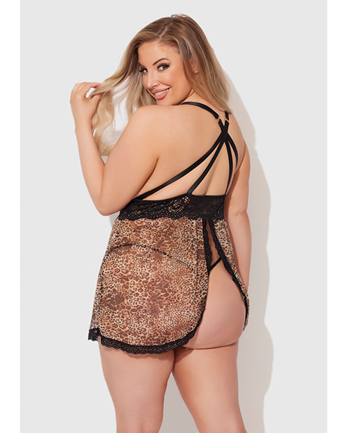 Felicia Mesh and Lace Babydoll w/G-String 2 pc Set - Leopard 3X/4X - Image 2