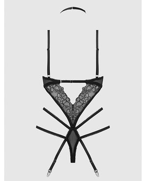 House of Desire Eden Embroidered Lace &amp; Mesh Teddy w/Garters - Black LG - Image 4