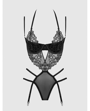 Eden Embroidered Lace & Mesh Teddy w/Garters - Black MD