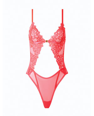 House of Desire Eden Scalloped Lace High Cut Teddy - Coral SM