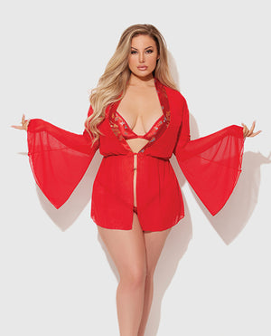 Dragon Sheer Mesh Robe w/Satin Triangle Top & G-String 3 pc Set - Red 1X/2X - Image 2