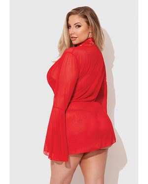 Dragon Sheer Mesh Robe w/Satin Triangle Top & G-String 3 pc Set - Red 1X/2X - Image 3