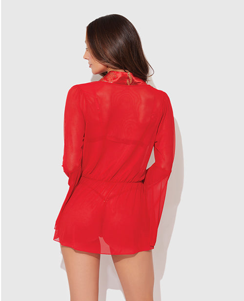 Dragon Sheer Mesh Robe w/Satin Triangle Top & G-String 3 pc Set - Red LG