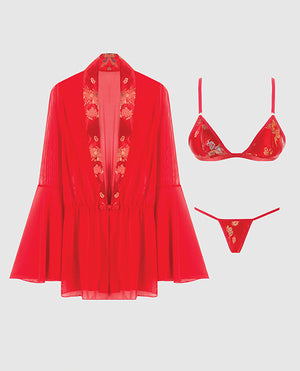Dragon Sheer Mesh Robe w/Satin Triangle Top & G-String 3 pc Set - Red LG