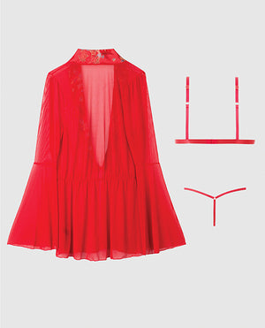 Dragon Sheer Mesh Robe w/Satin Triangle Top & G-String 3 pc Set - Red SM