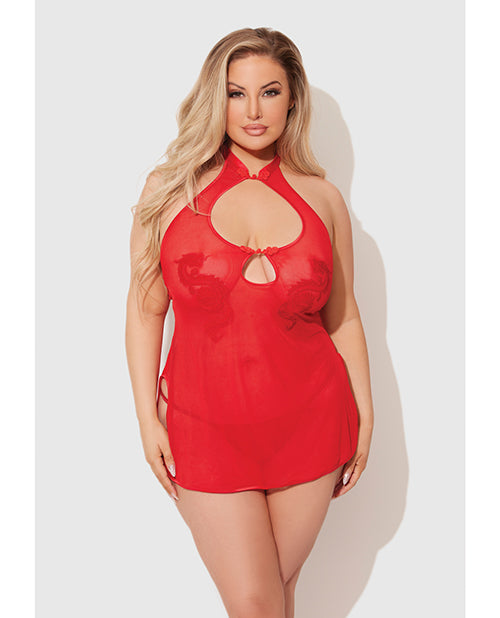 House of Desire Dragon Mesh &amp; Applique Chemise w/G-String 2 pc Set - Red 1X/2X