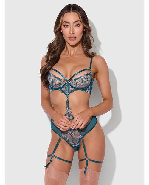 House of Desire Nova Lace Teddy w/Garters - Jade Blue XL