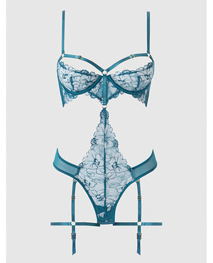 House of Desire Nova Lace Teddy w/Garters - Jade Blue XL - Image 5