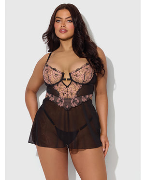 House of Desire Nova Lace &amp; Mesh Babydoll w/G-String 2 pc Set - Black 1X/2X