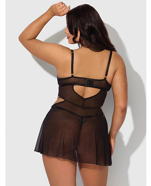 House of Desire Nova Lace &amp; Mesh Babydoll w/G-String 2 pc Set - Black 1X/2X - Image 3