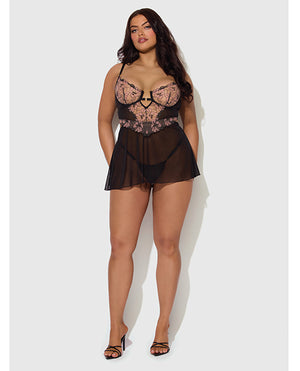 House of Desire Nova Lace &amp; Mesh Babydoll w/G-String 2 pc Set - Black 1X/2X - Image 4